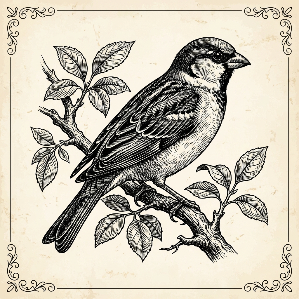 Engraved sparrow illustration